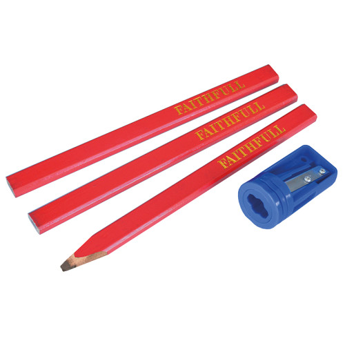 Carpenters' Pencils Red (Pack 3 + Sharpener)